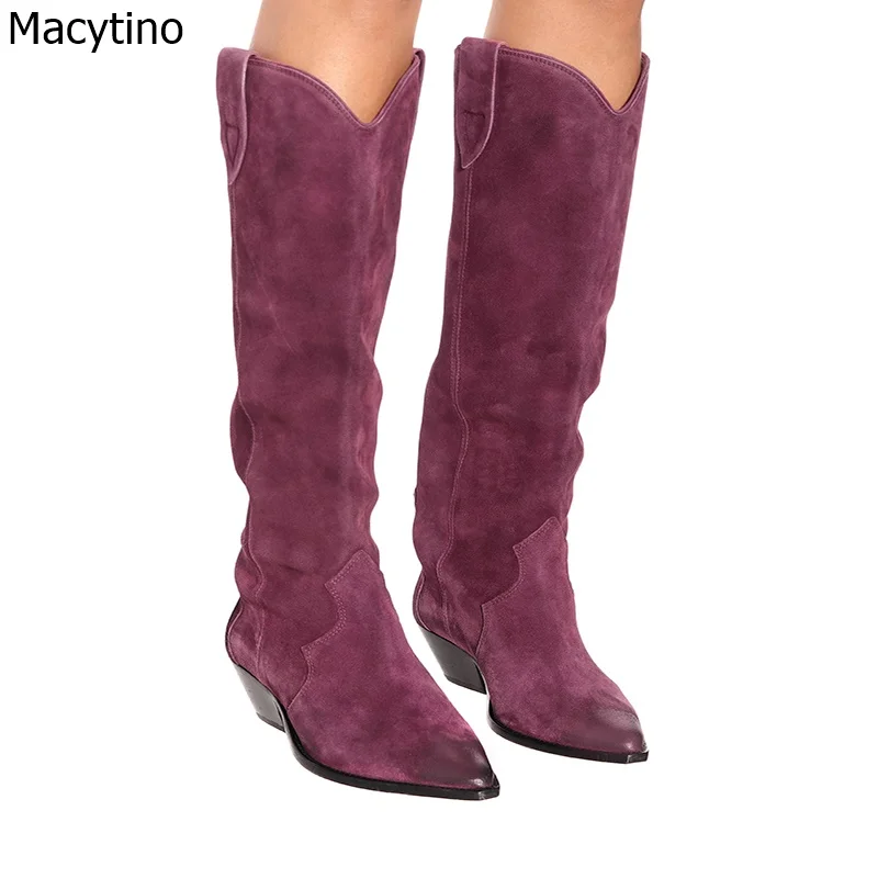 Сапоги женские замшевые до колена заостренный носок каблук-шпилька однотонные