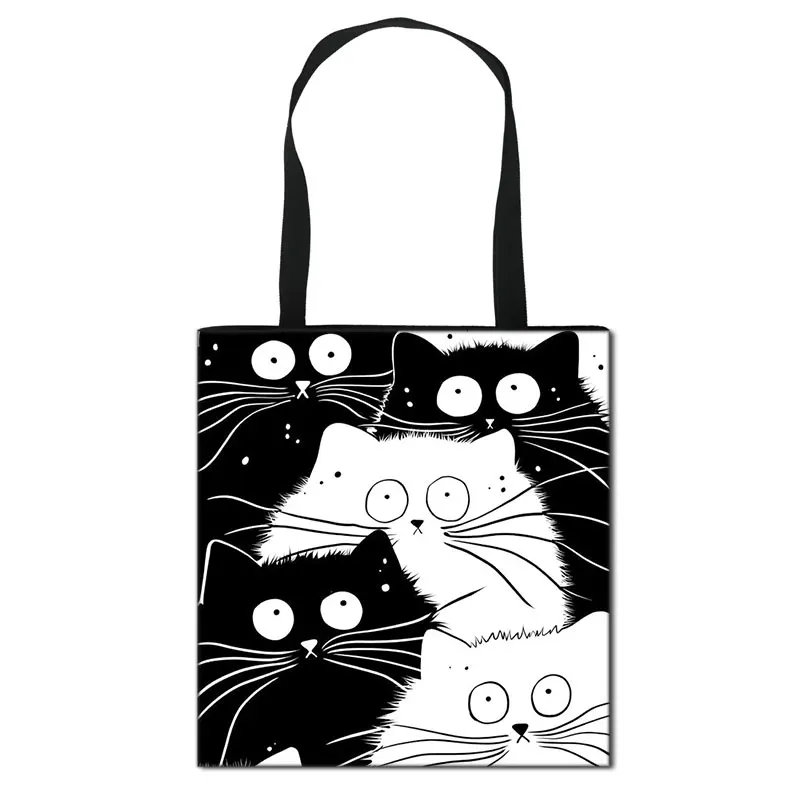 

Сумка женская льняная с принтом кошки, повседневный саквояж на плечо для девушек, Пляжная Сумочка для путешествий, цвет черный/белый