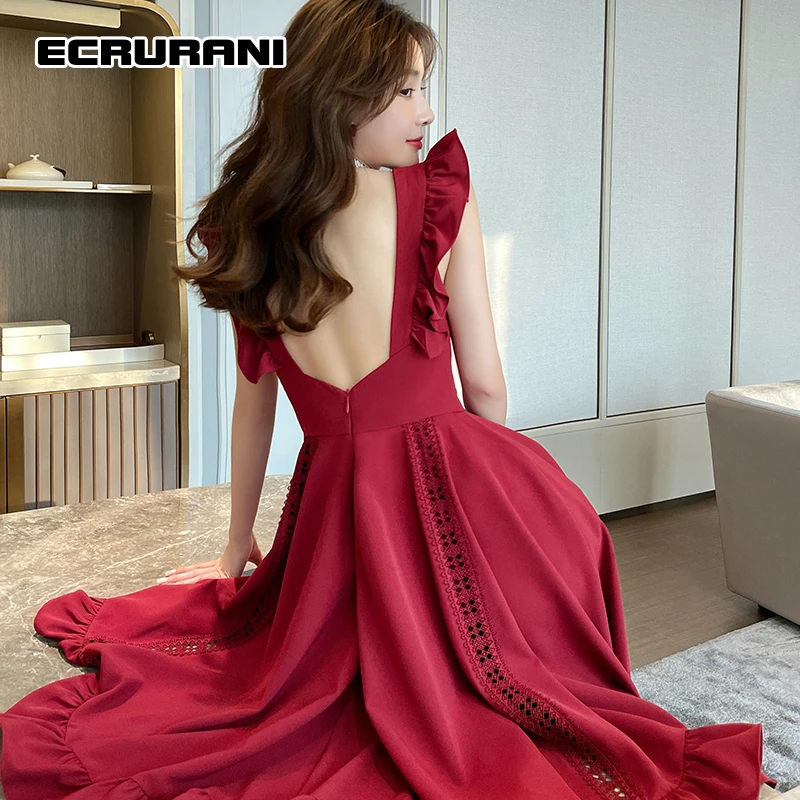 

ECRURANI Temperamant Dress For Women O Neck Butterfly Sleeve High Waist Tunic Solid Dresses Female Summer Clothing 2021 New Tide