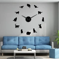 frameless cats silhouette wall art clock watch kittens 3d diy wall clock playful cat shape big needles girl room kit decoration