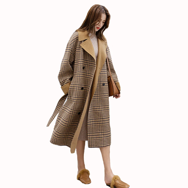 Женское шерстяное пальто в клетку длинное теплое элегантное Корейском стиле