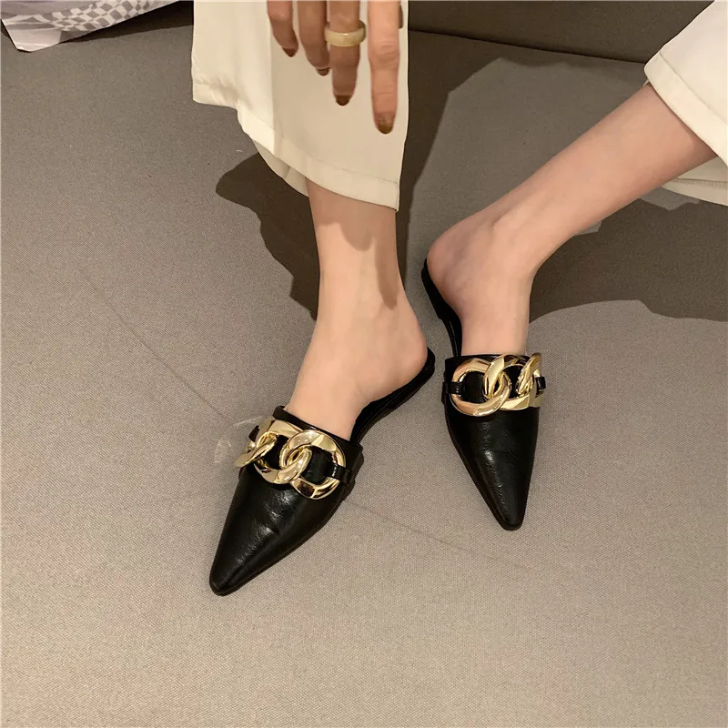 

Fashion Women Slippers Pointed Toe Slip On Flats Heeled Metal Chain Yellow Shoes Summer Outdoor Slippers Shallow Flip Flops