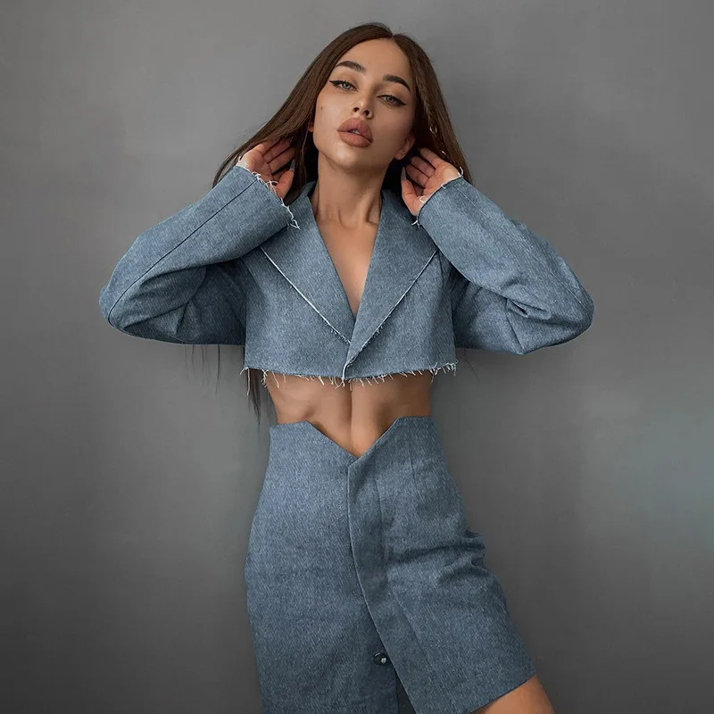 

Женский джинсовый костюм с длинным рукавом, короткая юбка с отложным воротником и прямой юбкой до пупка с высокой талией