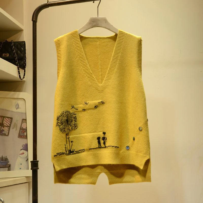 

Embroidered V-neck Knitted Sweater Vest Femal Cartoon Pattern Frill Loose Sleeveless Bottoming Pullover Sweater Vest Women 2021