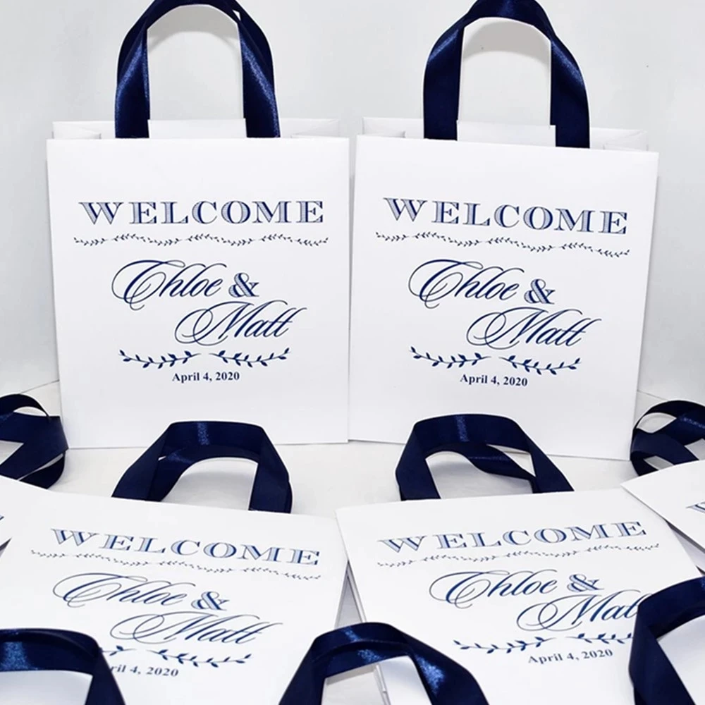 

Personalized Wedding Welcome Bags with Navy Blue satin ribbon and your names, Elegant Wedding Party favors for weddings guests