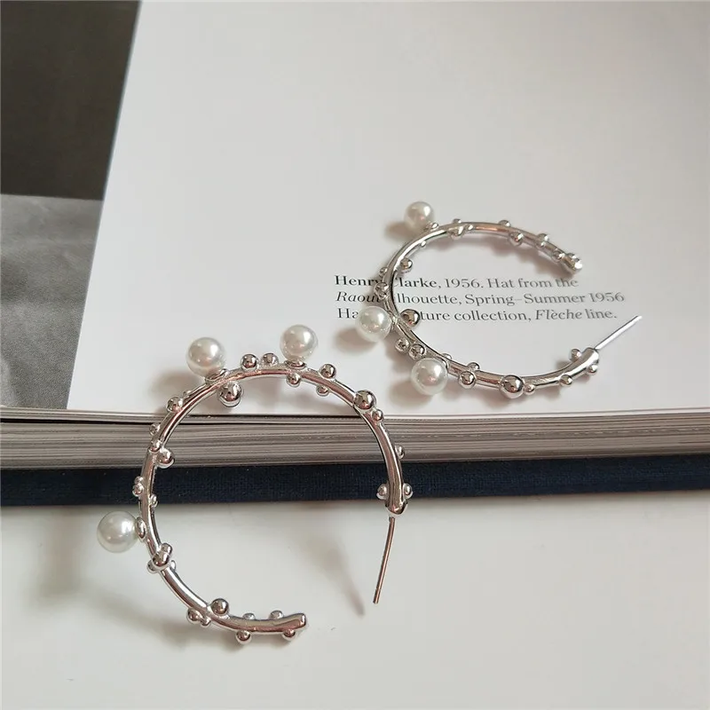 

POFUNUO 925 Sterling Silver Women Valued Wedding Jewelry Minimalism Earrings Female Delicate Branch Circle Shape Pearl Earrings