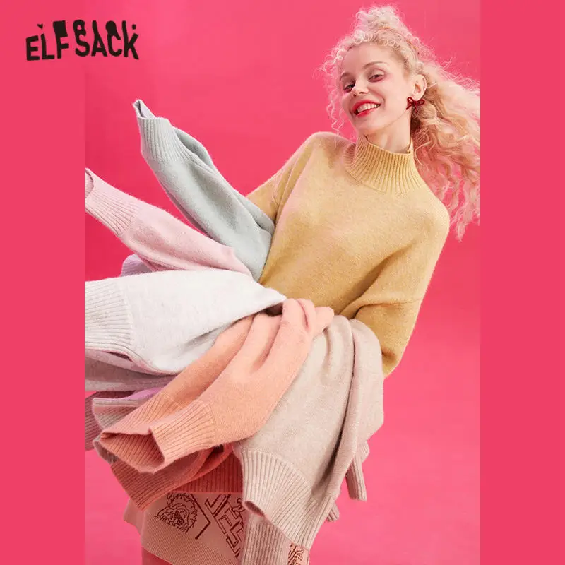 ELFSACK Multicolor Solid Casual Knit Split Pullover Sweater Women 2020 Winter Pure Korean Drop Shoulder Sleeve Ladies Basic Tops | Женская