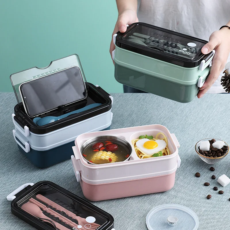 

Bento Box Japanese Style Double Layered Food Container Thermal Kids School Microwave Heated With Tableware Soup Bowl Milk Cup