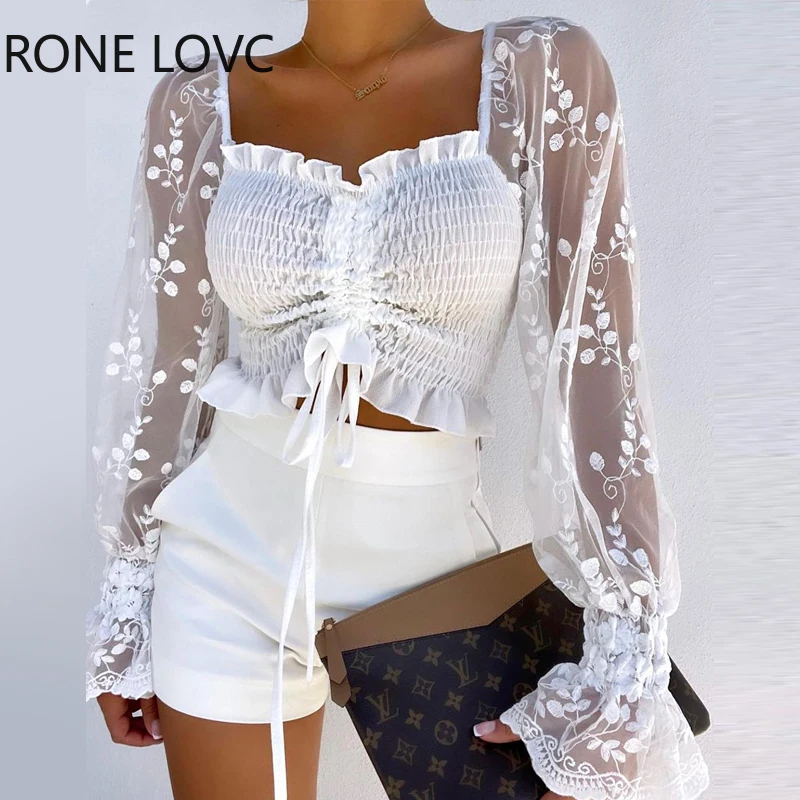 Женская блузка с длинным рукавом оборками на подоле | одежда