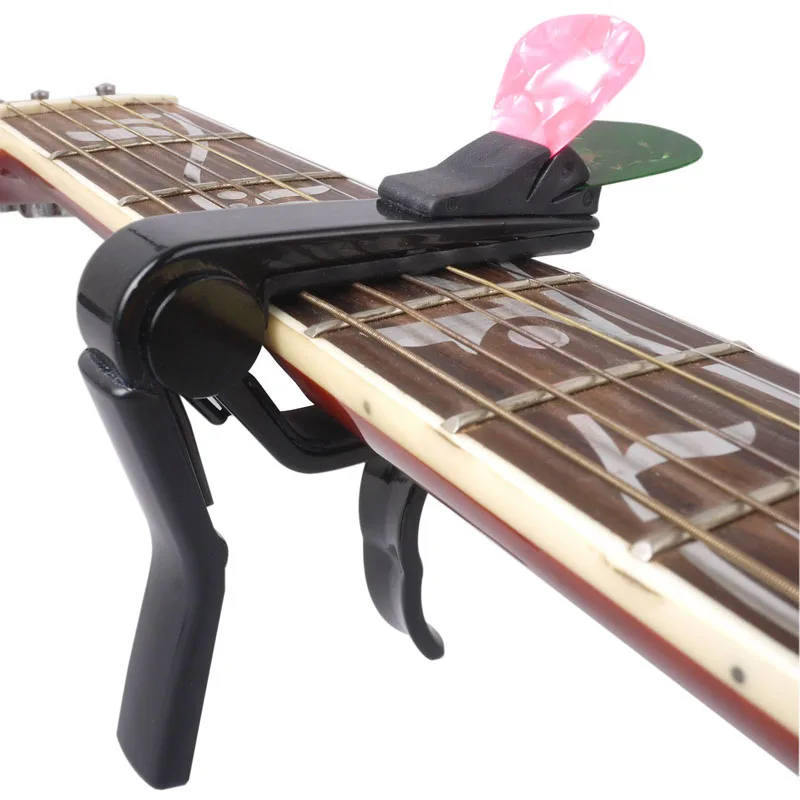 Black Alloy Guitar Capo For Acoustic/ Electric/ Classical Guitar, Cappo On Guitarra With Pick Holder guitar pick holder black genuine leather guitarra plectrum case bag like keychain