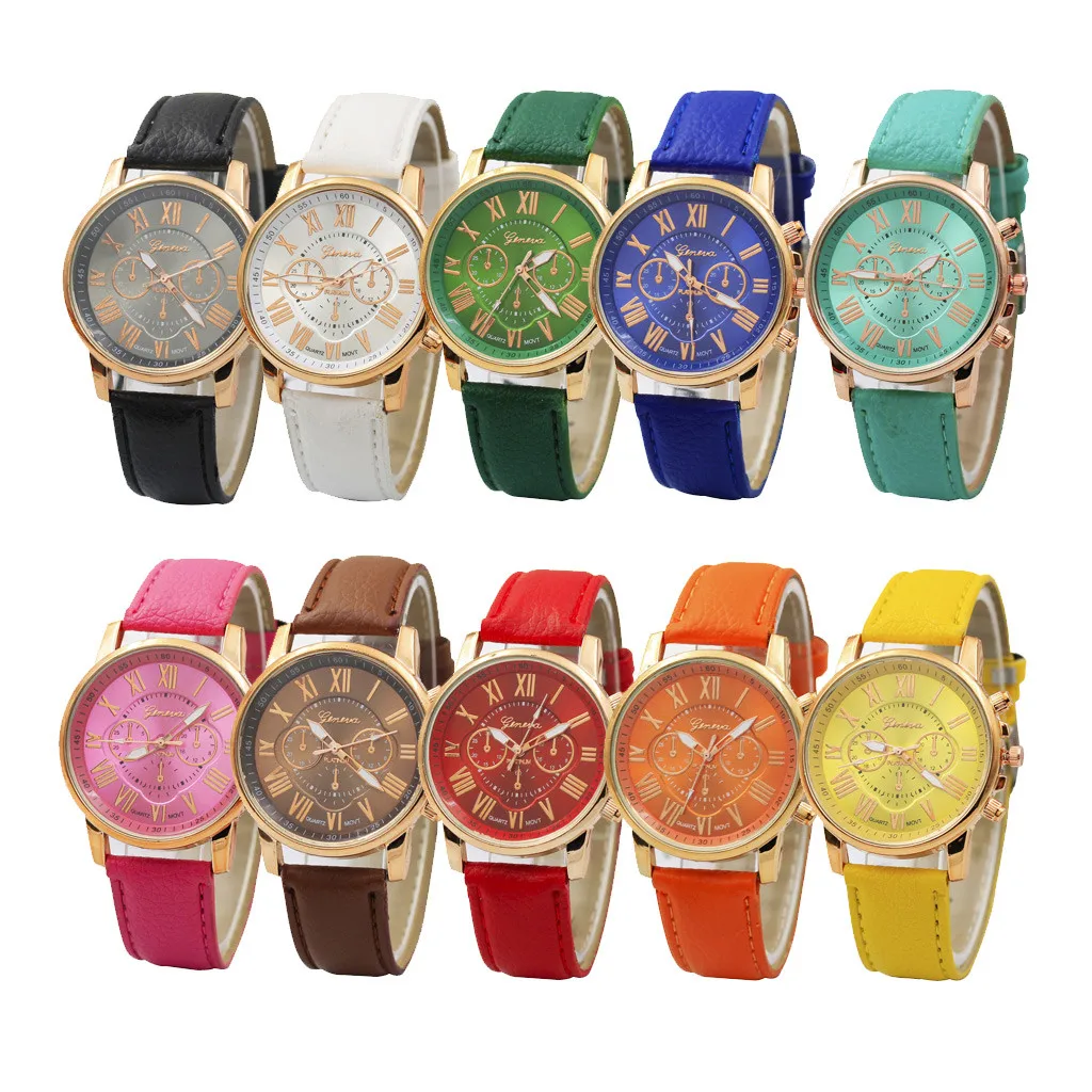 

Luxury fashion casual gold women watches bracelet Women's Geneva Roman Numerals Faux Leather Analog Quartz Watch ASL