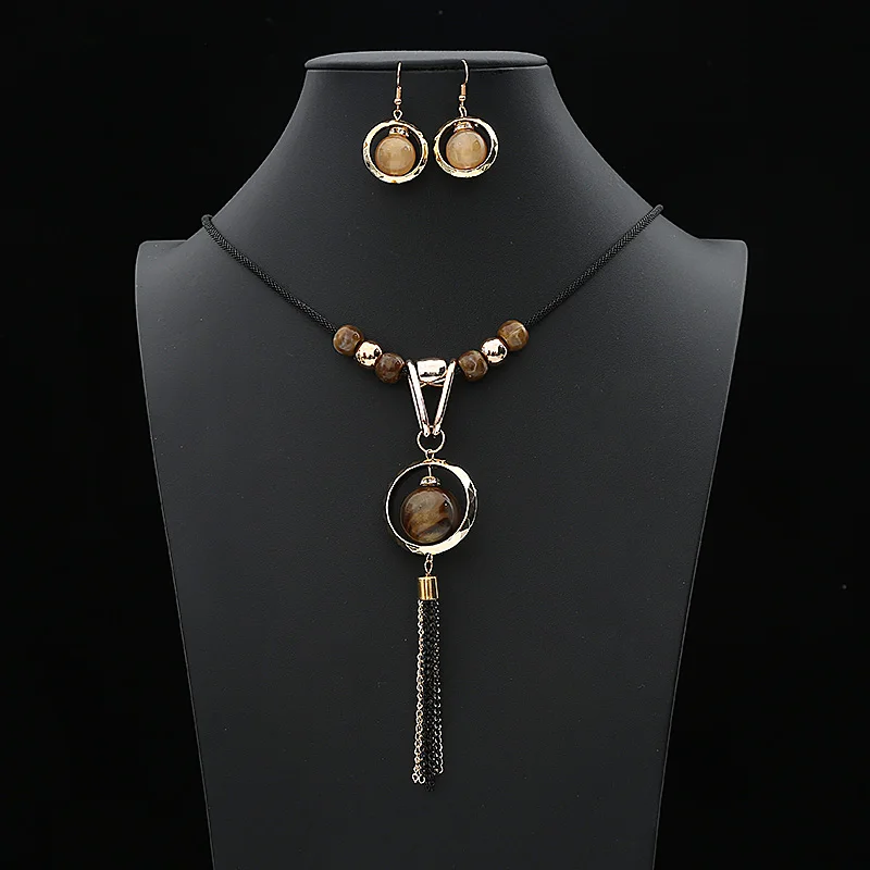 Горячие Boho модные роскошные акриловые свадебные комплекты украшений для женщин длинный канат круглый кисточкой кулон серьги ожерелья подарки - Окраска металла: KFB0480-2