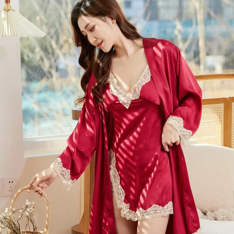 

Lace Pajamas Suit Women Sexy 5pcs Robe Set Nightwear Casual Intimate Lingerie Kimono Robe Gown Silky Sleepwear Pyjamas