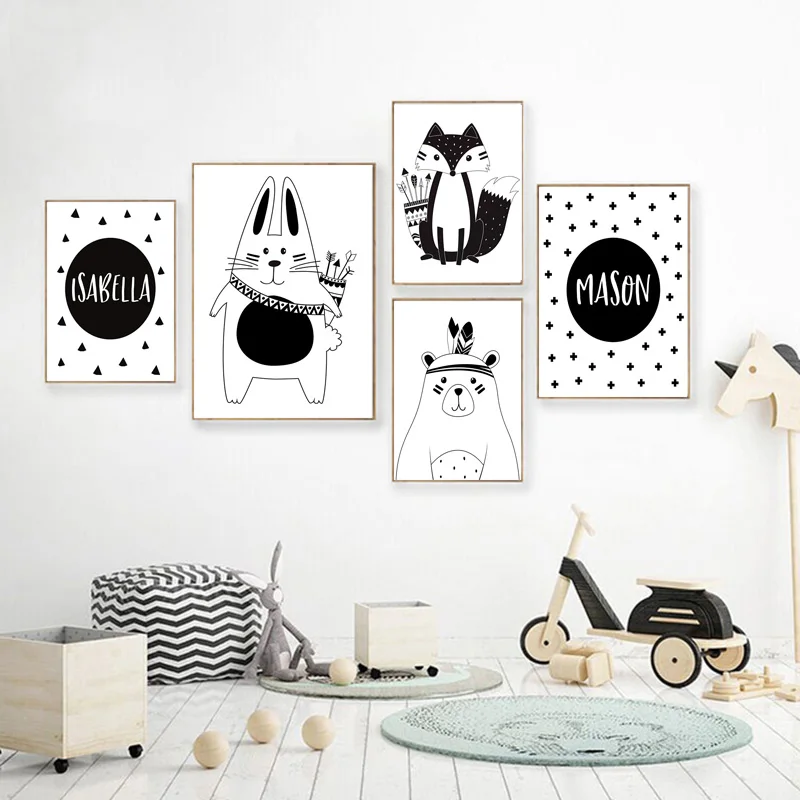 Черно-белый мультяшный медведь кролик детская кроватка настенная Картина на