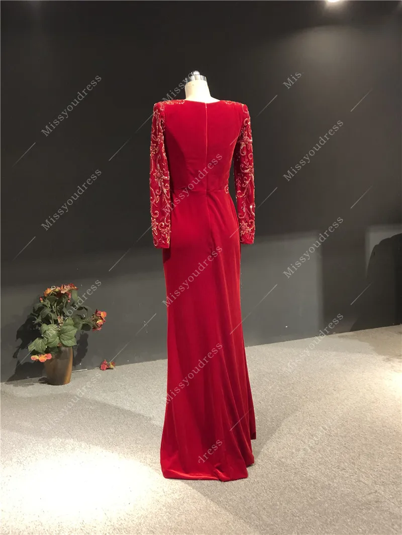 Red Velvet Customized Made Real Photos Heavy Beads Full Sleeves Straight Floor Length Evening Party Prom Dance Dress Gown