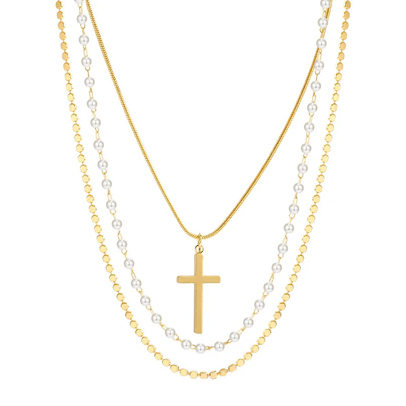 

In 2021, The New Multi-layer Multilayer Pearl Cross Lady Necklace High-grade Pearl Collarbone Chain Niche Design Neck Chain