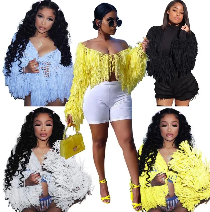 

INS Hottest Girls Fashion Tassels Coats 2021 Autumn Long Sleeves S-2XL V-Neck Nightclub Party Cropped Coats Real Pictures