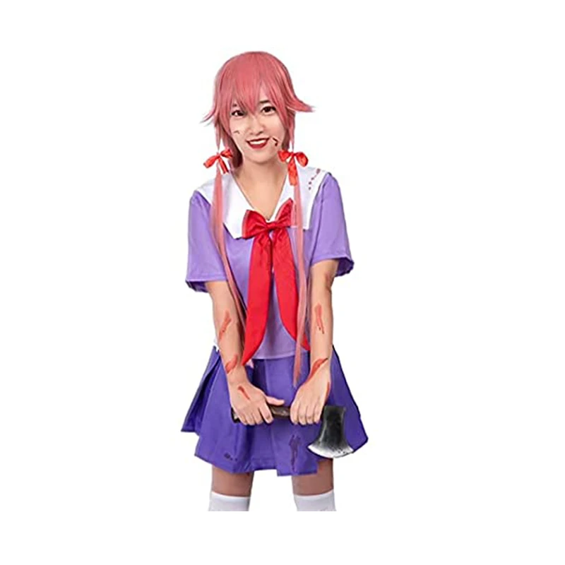 

Women Girl Anime 2nd Mirai Nikki Gasai Yuno Lolita Sailor Cosplay Costume Loli Bow Short Skirt Wig Length 80cm School Uniform