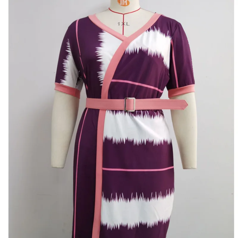 

Summer Autumn Plus Size Women's Dress Elegant V-neck Belt Stripe Print Color Contrast Office Ladies Vintage Oversize Basic Dress