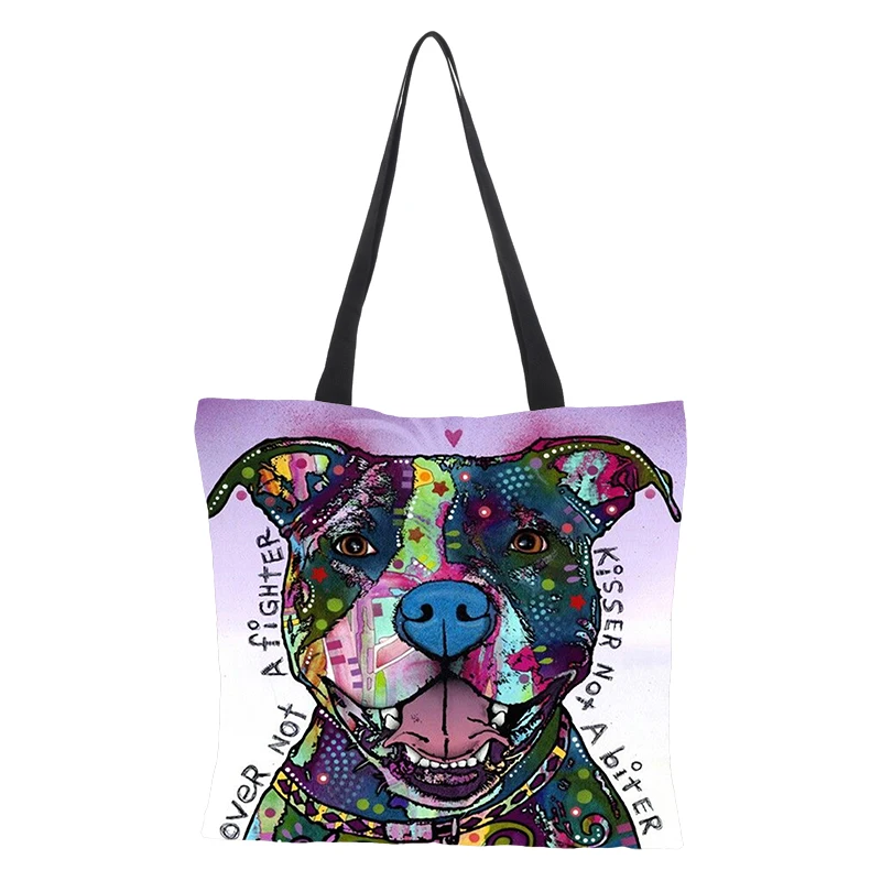 Многоразовая Льняная сумка тоут для женщин Раскрашивание маслом цветной собачий