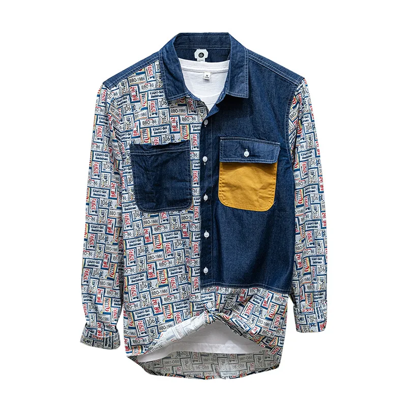 

Spring Autumn Denim Shirt Men Patchwork Color Long Sleeves Pure Cotton Mens Shirt Pockets Camisa Masculina Korean Clothes Tops