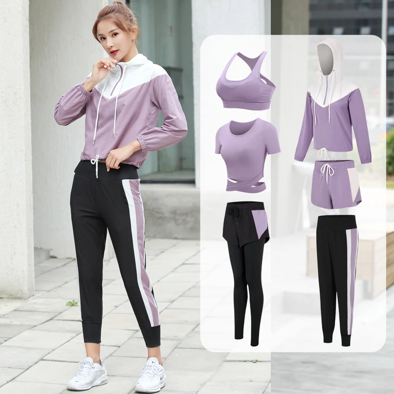 Set of 6 Pieces for Outdoor Activities, Women's Set of Trousers + Hooded Jacket + T-Shirt + Bra + Shorts, Tracksuits Women 2021