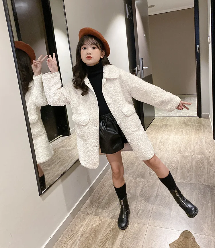 Winter new mid-length 5-11 year old girl baby lambskin jacket fashion net red lapel children Korean children's clothing | Мать и