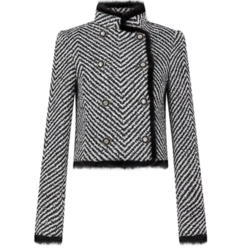 

Small fragrant double-breasted wool tweed striped short coat women spring ladies temperament imitation mink wool knitted top