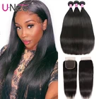 Волосы UNICE прямые пряди волос с 4x4 закрытием бразильские волосы плетение пряди 4 шт Remy человеческие волосы 3 пряди с закрытием