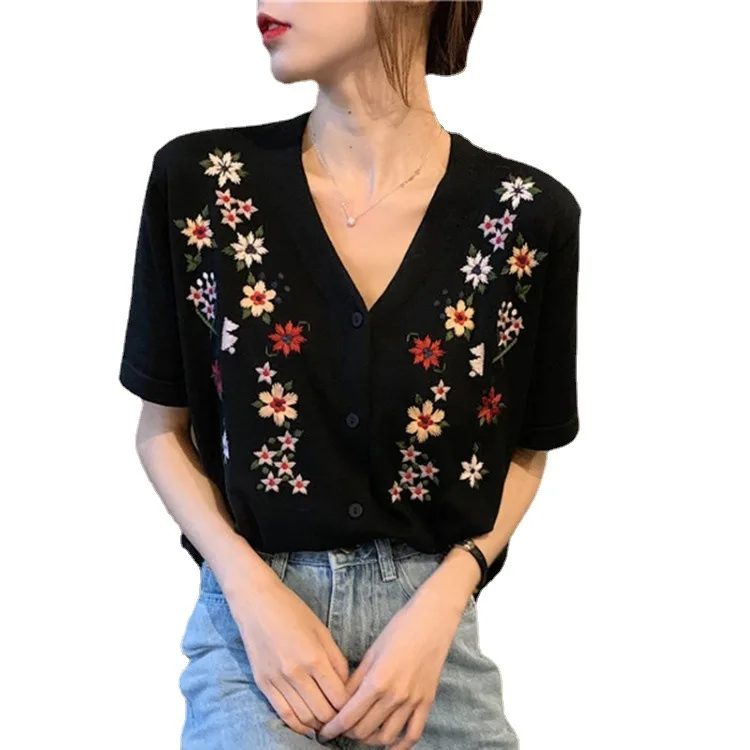 

Woman TShirts Summer V-neck Embroidery Knitted Cardigan Women's Embroidered Top Crop Top Mujer Camisetas