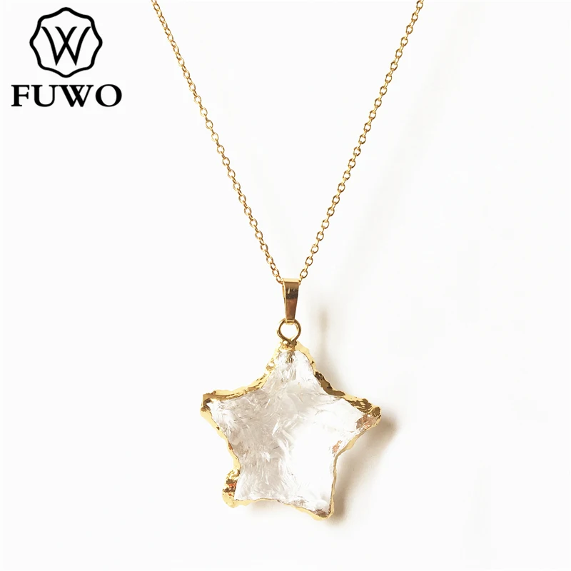 

FUWO Rough Pentagram Crystal Quartz Necklace With Gold Trimmed Natural White Crystal Fashion Jewelry For Women Gift NC265