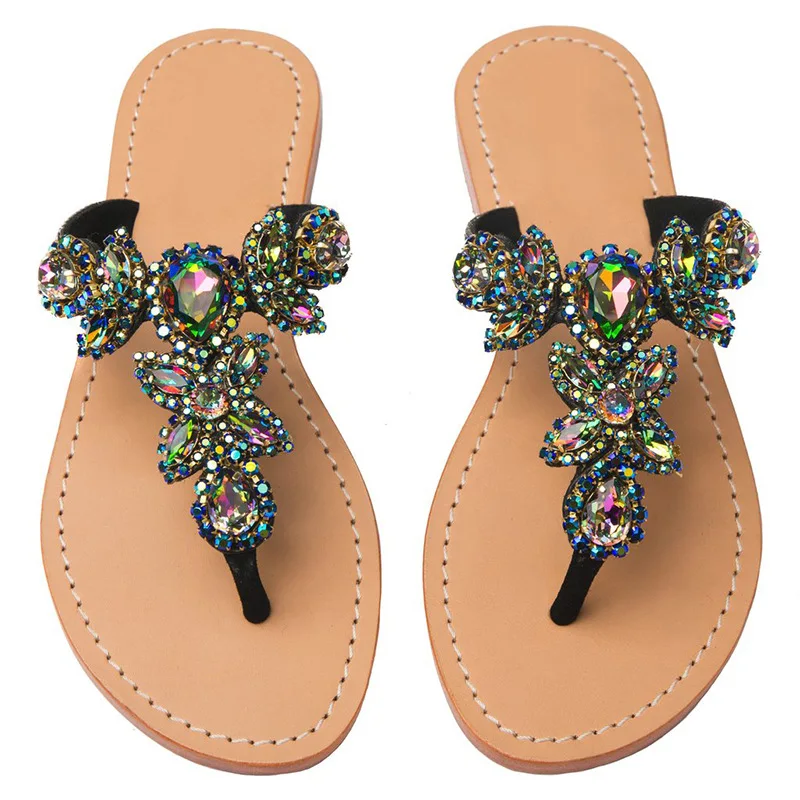 

2018 Diamond Casual Sandals Women Summer Beach Shoes Gladiator Flat Sandals Ladies Bohemian beach Flip-flops 43 44 47