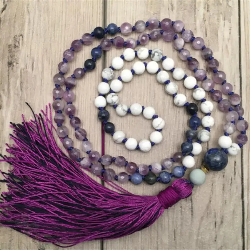 Ожерелье с аметистом и белым драгоценным камнем 6 мм 108 бусин манжета буддизм