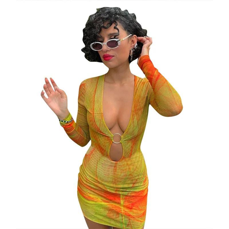 

Sylph Tie Dye Print Sexy Dress Long Sleeve V-neck Hollow Out Party Dresses Streetwear Club Vestidos Fashion Female Clothing