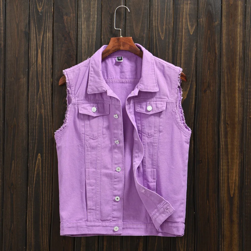 

HOO 2023 Men Purple Denim Vest Youth Autumn Slim Casual Denim Vest