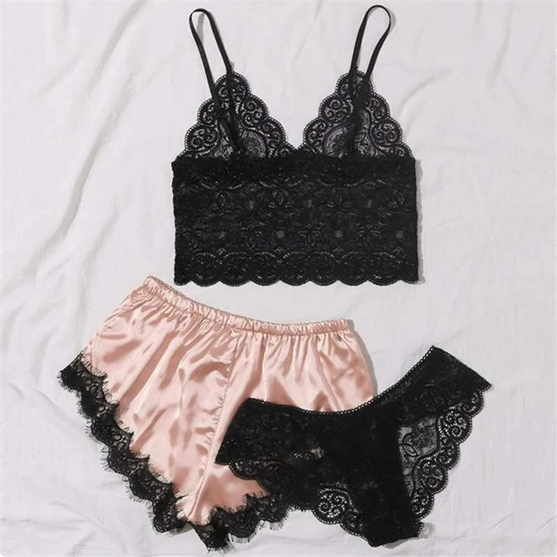 

Сексуальный женский пижамный комплект, кружевной бюстгалтер с цветами + трусики + шорты, 3 шт., женские костюмы для сна, Женская Повседневная ...