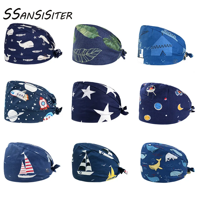 

Рабочие шапочки для женщин с принтом в виде Шляпы Хлопок головная повязка для кормления шапочка для салона красоты Рабочая головные уборы для мужчин регулируемая повязка спецодежды