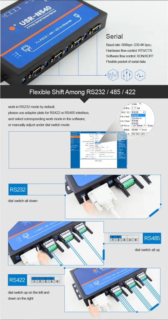 USR-N540 RS232 к Ethernet RS485 к RJ45 RS422 к TCP IP конвертер