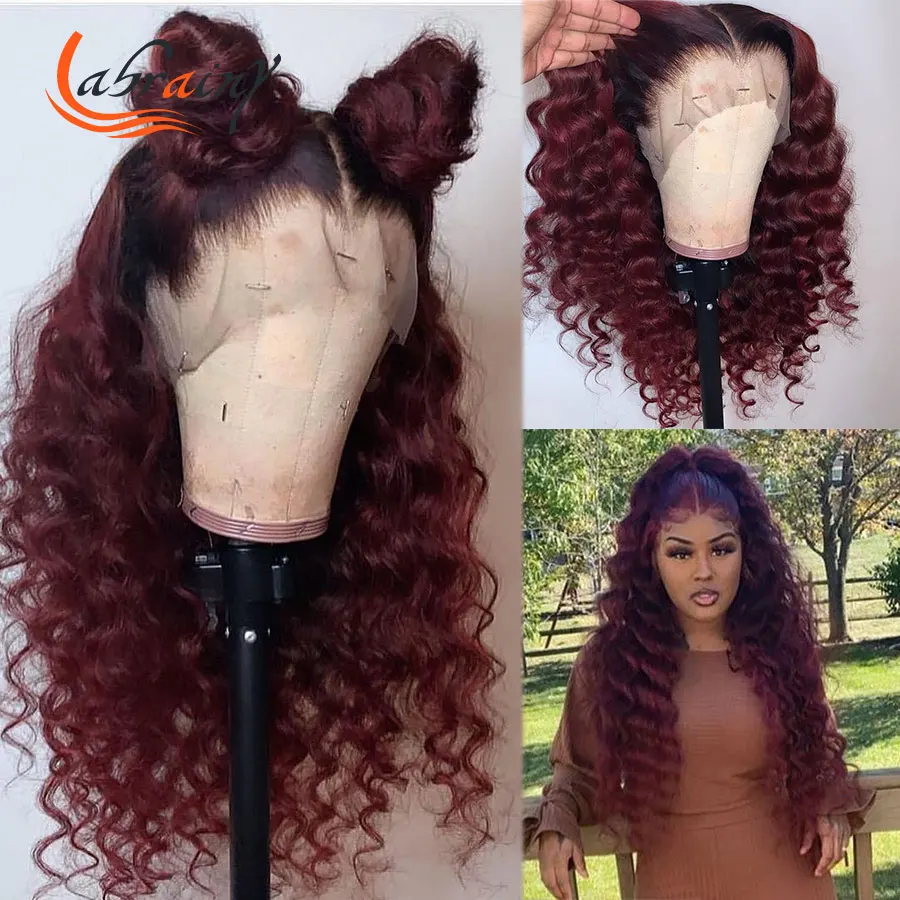 

Ombre Burgundy HD Transparent Lace Front Human Hair Wigs Kinky Curly Highlight Red Colored Pre Plucked 1B 99J Lace Closure 13x6