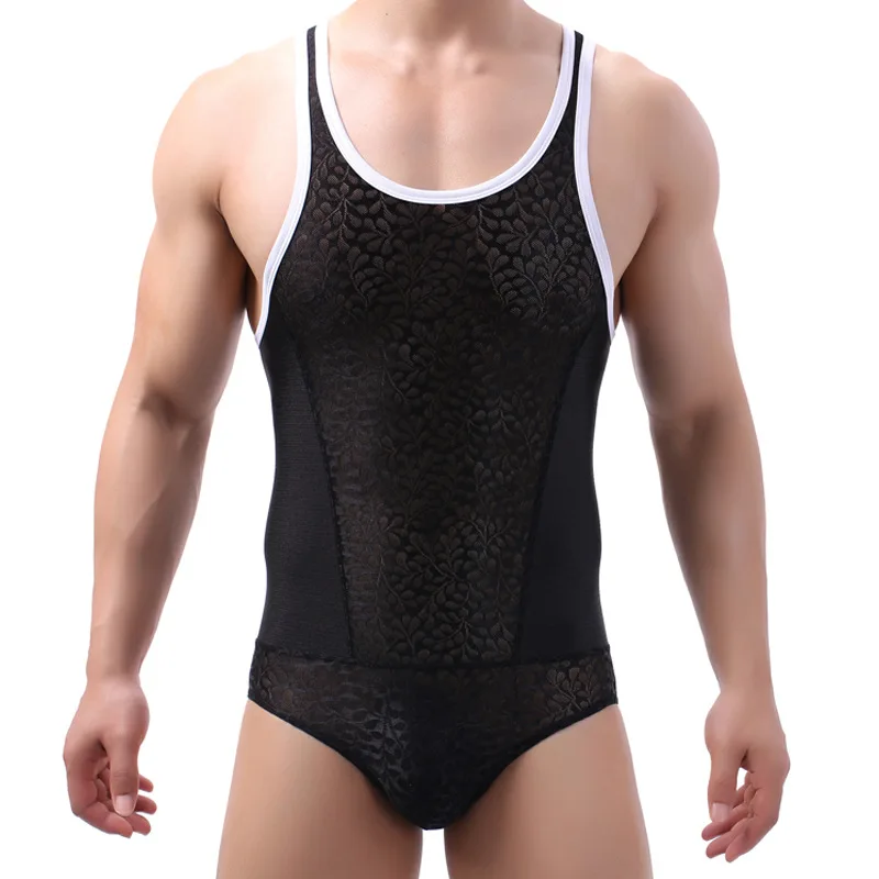 Sexy Men Undershirts Lingerie Bodybuilding Slimming Sleeveles Mesh Lace Solid Gay Bodysuit for Men's Undershirt BodySuit
