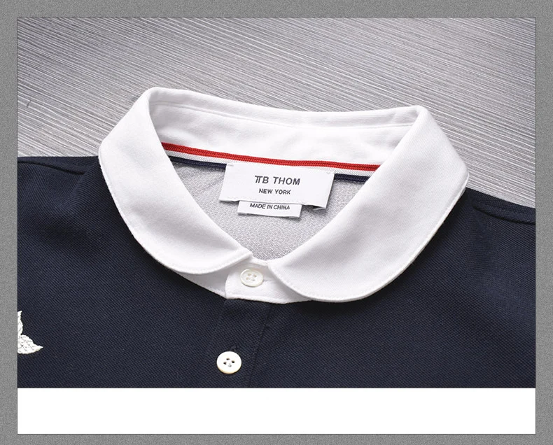 

2021 Fashion TB THOM Brand T-shirt Turn-down Collar Patchwork Long-Sleeve T-shirt Men Cotton Whale Embroidery INS Style Clothing