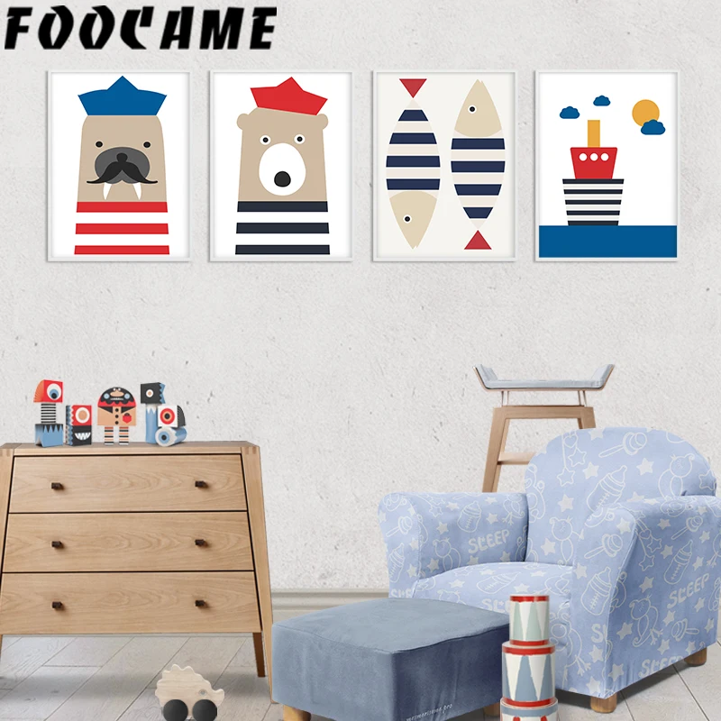 Сейлор тюлени Медведь Рыба Лодка мультфильм постеры и печать искусство