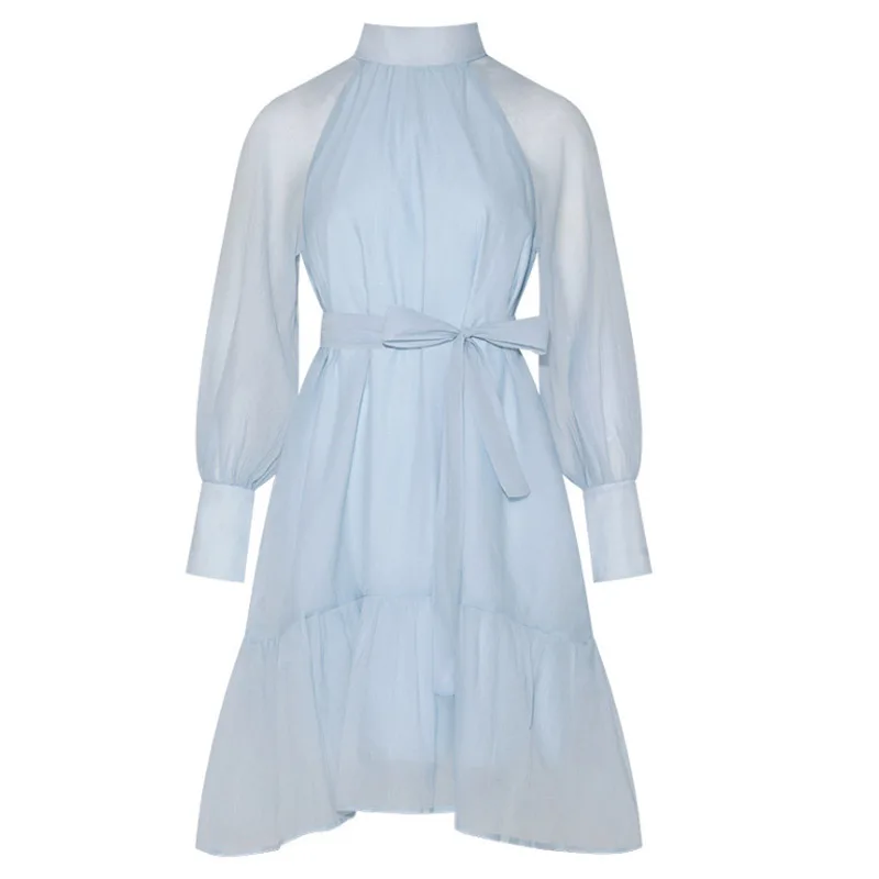 

Autumn Ladies Clothes Stand Collar Sash Belt Long Sleeved Knee Length Blue Winter Dresses