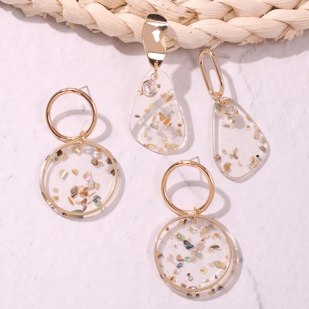 Женские асимметричные серьги с ракушками прозрачные акриловые золотого и