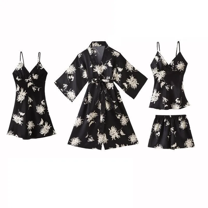 

Sleep Set Print 4PCS Pajamas Set Rayon Lady Sleepwear Casual Kimono Bathrobe Sexy Spring Summer Nightwear Loose Home Wear