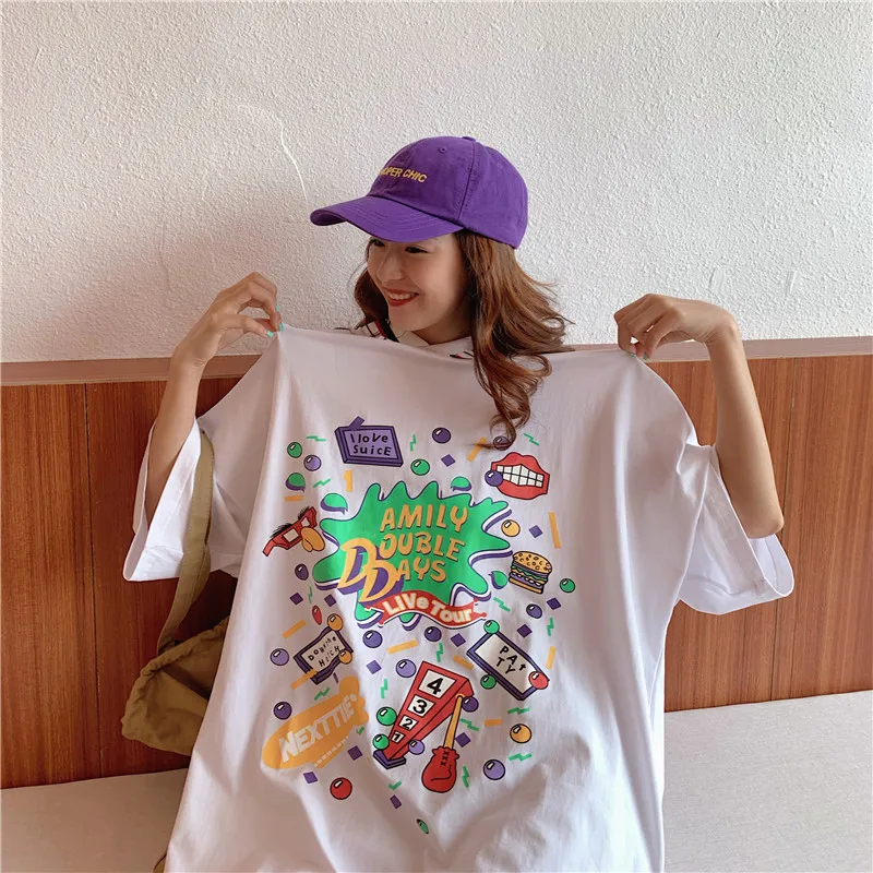 

Fashion T Shirt Women Harajuku High Streetwear Cartoon Loose Tshirt Tops Plus Size Tops for Women Hip Hop O-Neck Kpop Tops