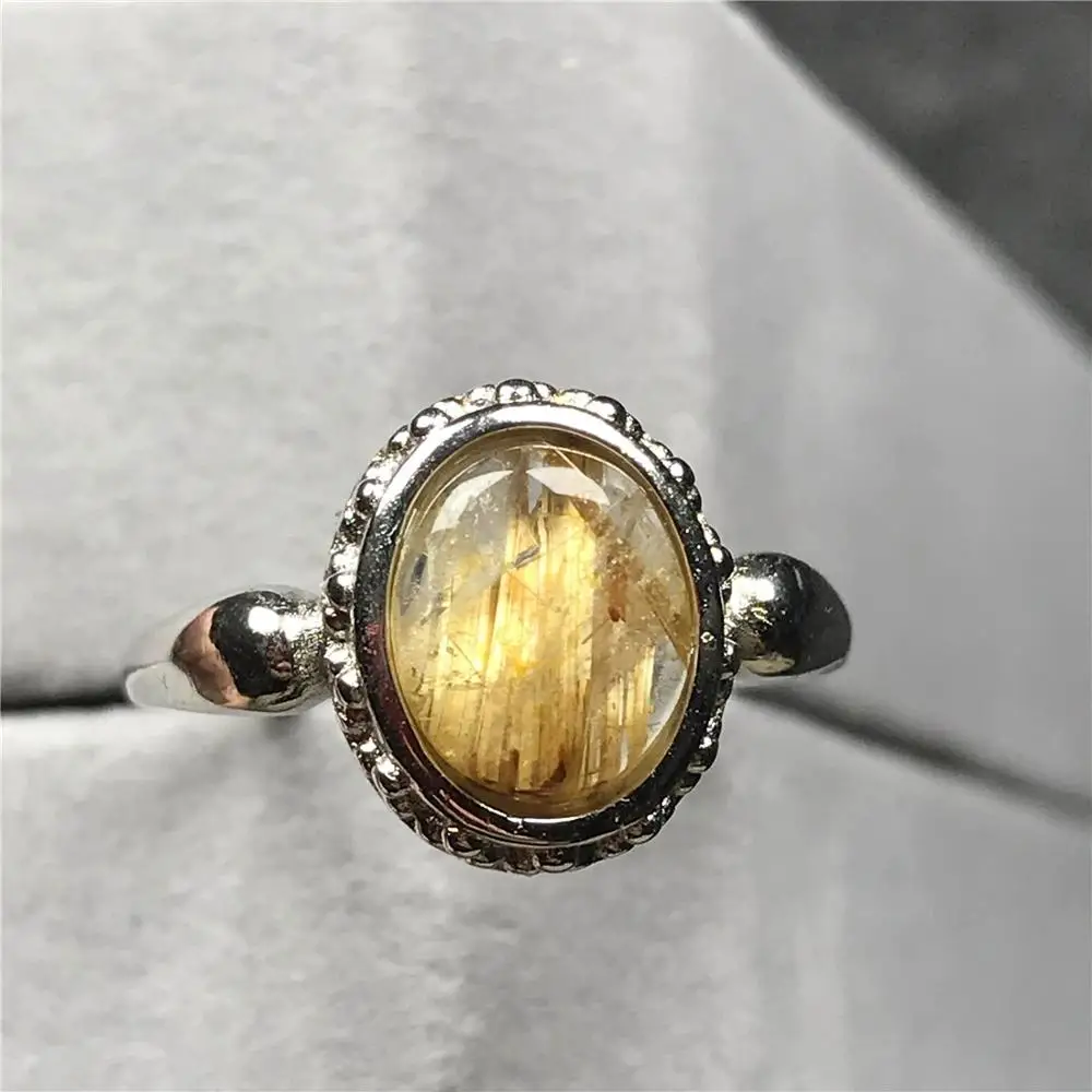 

Top Natural Gold Rutilated Quartz Ring For Woman Man Crystal Wealthy 12x10mm Beads Silver Gemstone Adjustable Ring Jewelry AAAAA