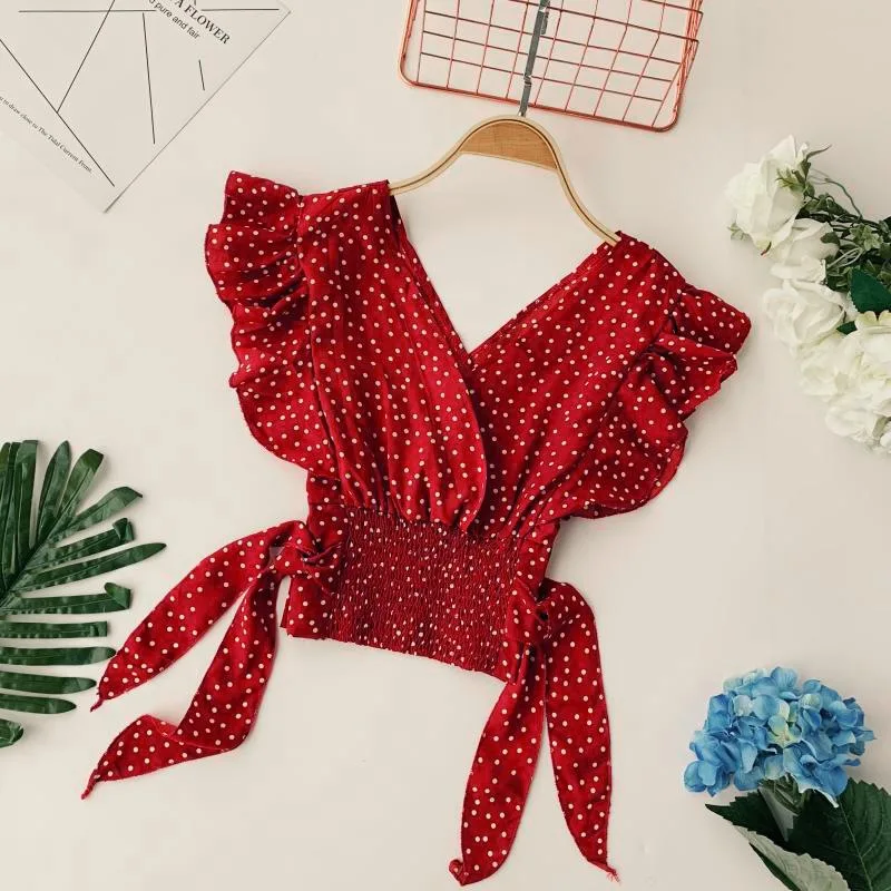 Женская шифоновая блузка в горошек с V образным вырезом и коротким