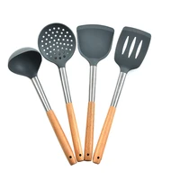silicone home kitchen tools wooden handle frying shovel soup spoon scoop spatula cooking utensils baking accessories kitchenware