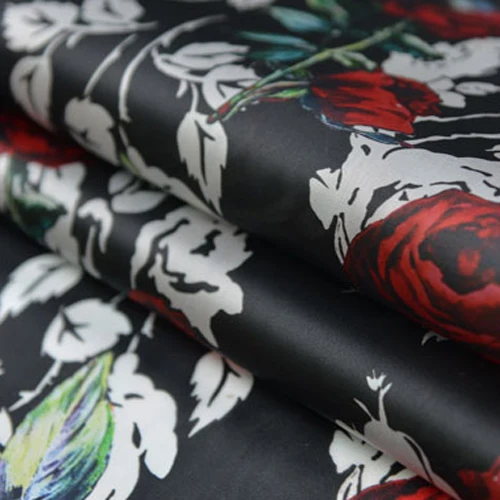 Красная Роза дизайн на черной нижней шелковой органзы ткань для свадебного